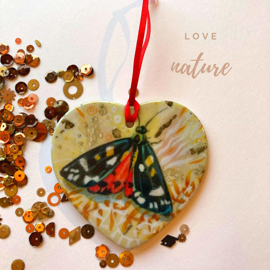 Scarlet Tiger/ Speckled Yellow Moth Heart-Shaped Ornament.